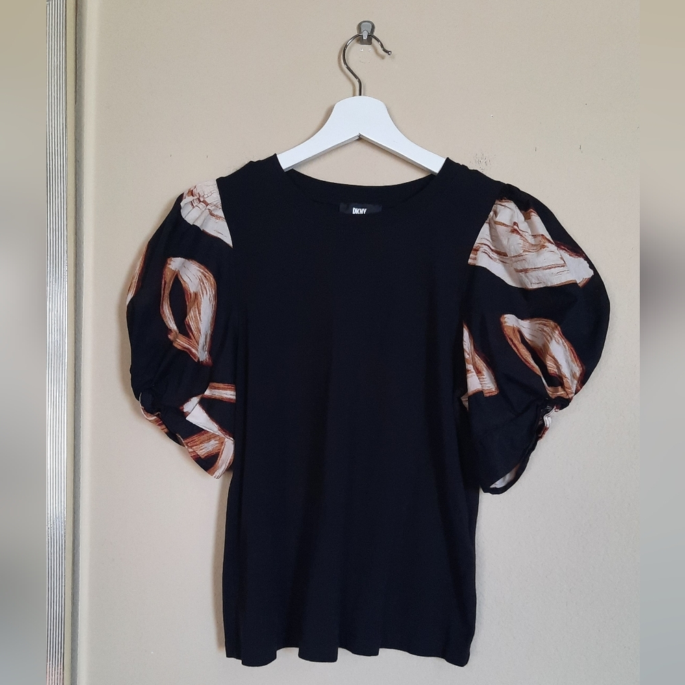 DKNY Black Puff Sleeve Top Chic Modern Minimal Minimalist Essentials